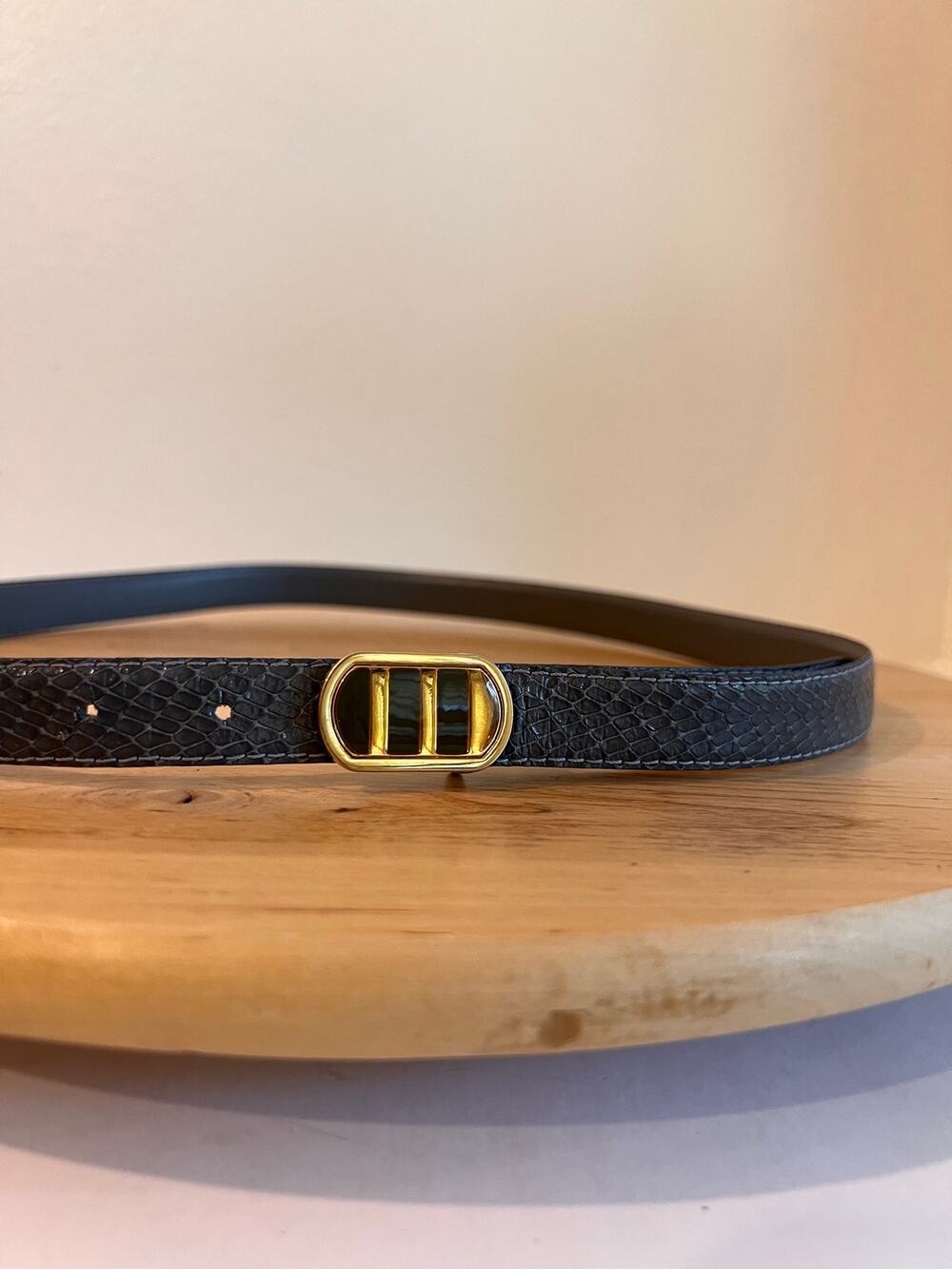 Vintage Gray Leather Gold Hook Buckle Belt Size Small to Medium